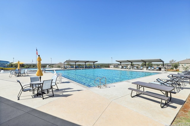 view of swimming pool featuring a patio area