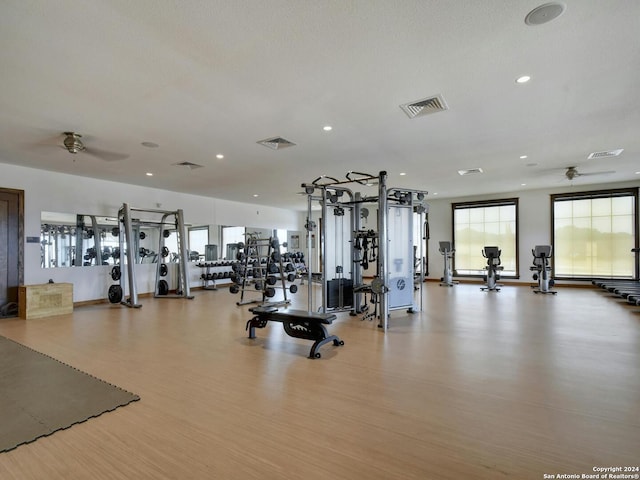 workout area featuring light hardwood / wood-style floors and ceiling fan