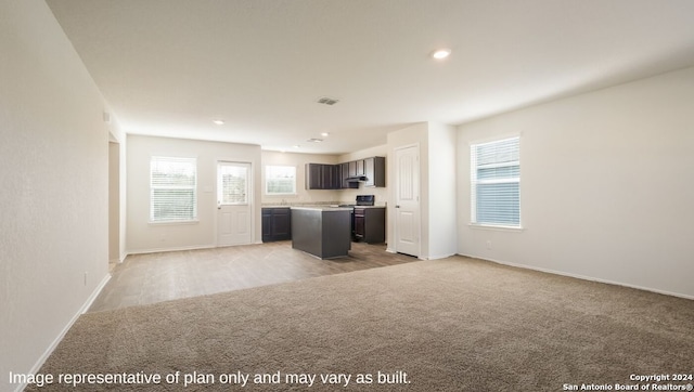 kitchen with a wealth of natural light, dark brown cabinetry, light colored carpet, and a kitchen island