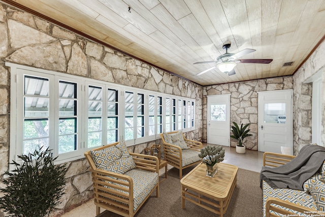 sunroom / solarium with ceiling fan and wood ceiling