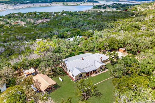 drone / aerial view featuring a water view