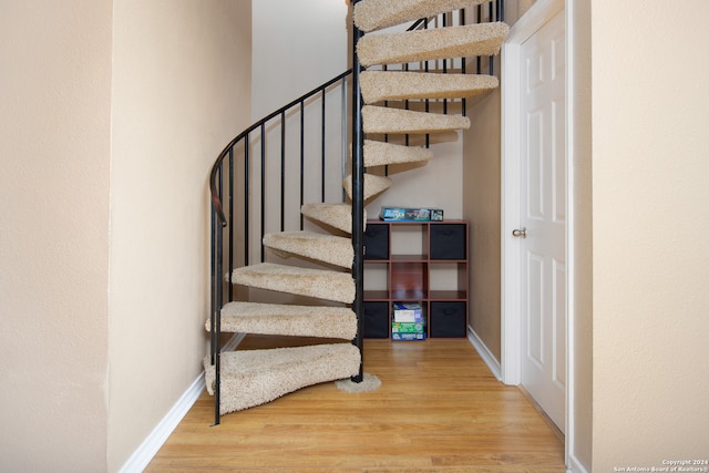 stairway with hardwood / wood-style floors