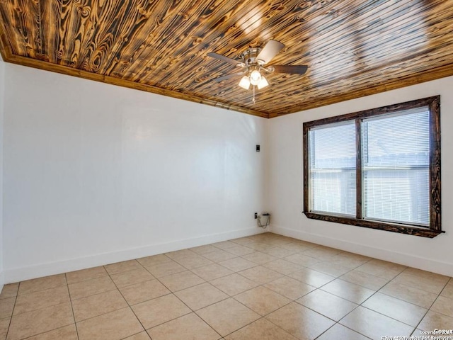 spare room with ceiling fan, wood ceiling, and light tile patterned floors