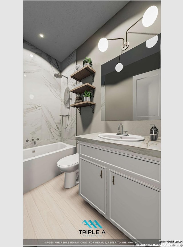 full bathroom featuring vanity, tiled shower / bath combo, a textured ceiling, and toilet