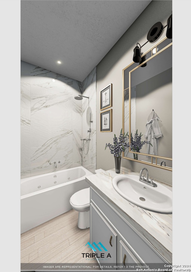 full bathroom featuring tiled shower / bath, wood-type flooring, vanity, toilet, and a textured ceiling