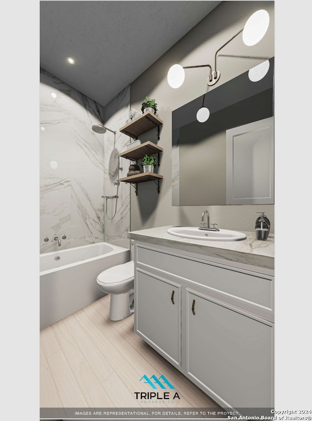 full bathroom with vanity, a textured ceiling, toilet, and tiled shower / bath