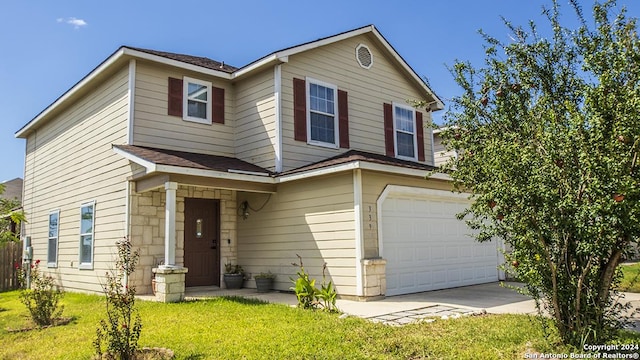 339 Cedron Chase, San Antonio, TX 78253 - traditional home featuring an attached garage, a front lawn, stone siding, concrete driveway, and roof with shingles