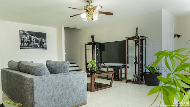339 Cedron Chase, San Antonio, TX 78253 - living room featuring light tile patterned floors and a ceiling fan