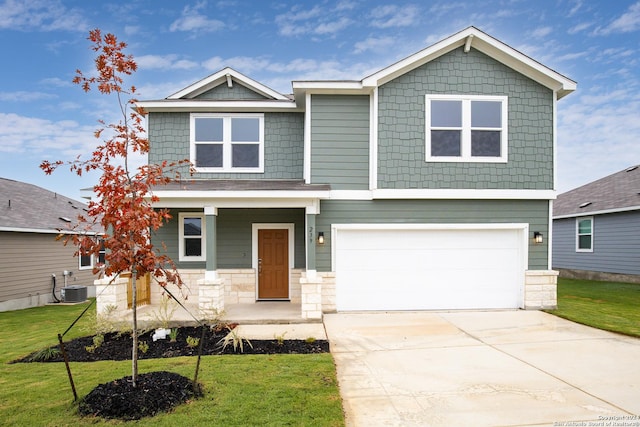craftsman-style house with an attached garage, covered porch, concrete driveway, stone siding, and central air condition unit