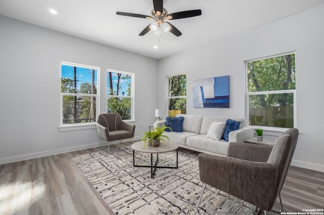 living room featuring wood-type flooring and ceiling fan