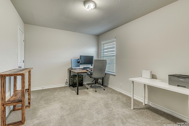 home office featuring a textured ceiling and carpet flooring