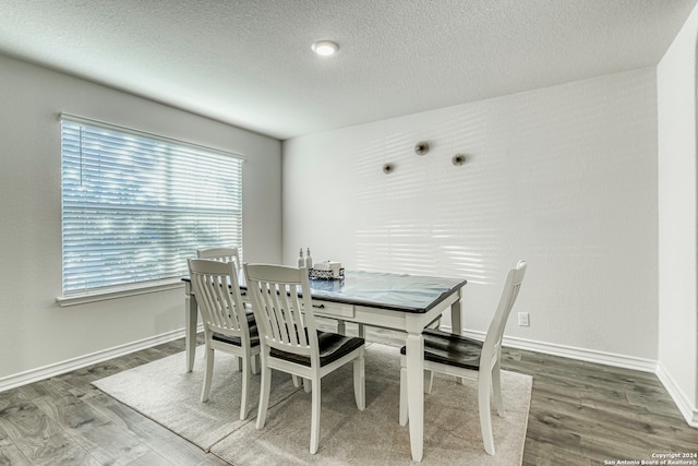 dining room with a textured ceiling and hardwood / wood-style floors