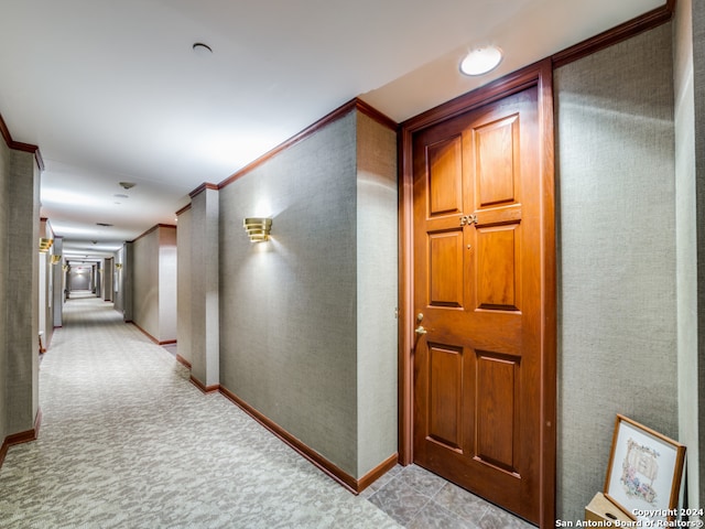 hallway featuring light colored carpet and crown molding