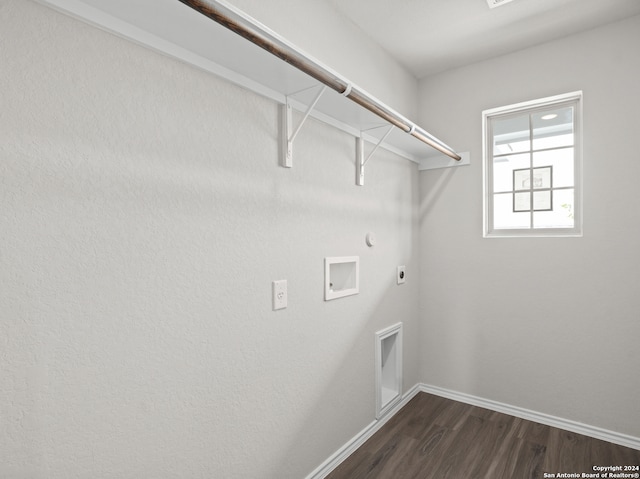 clothes washing area featuring washer hookup, hookup for a gas dryer, electric dryer hookup, and dark hardwood / wood-style floors