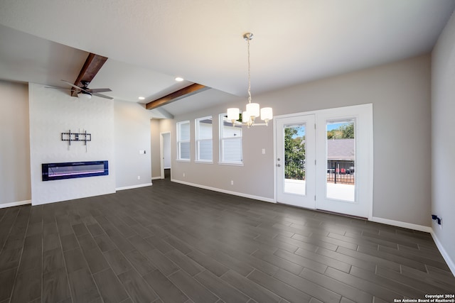 unfurnished living room featuring dark hardwood / wood-style floors, beam ceiling, and ceiling fan with notable chandelier