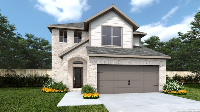 view of front of property with a garage and a front lawn