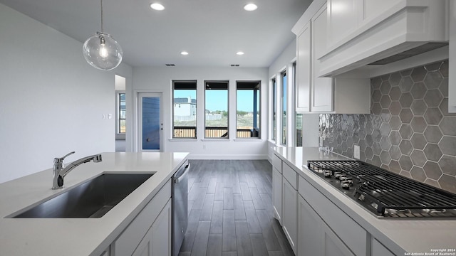 kitchen with appliances with stainless steel finishes, dark hardwood / wood-style flooring, backsplash, custom range hood, and sink