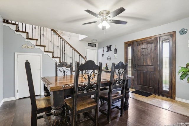 dining room with ceiling fan and dark wood-type flooring