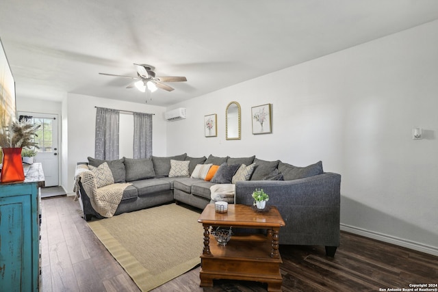 living room featuring a wall mounted AC, dark hardwood / wood-style flooring, and ceiling fan