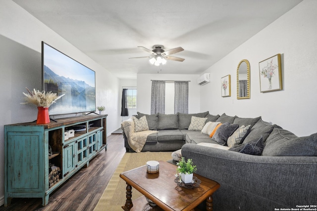 living room featuring ceiling fan, dark wood-type flooring, and a wall mounted AC