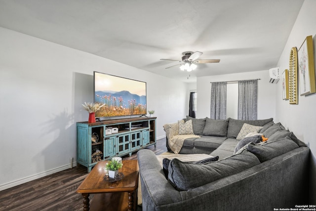 living room featuring dark hardwood / wood-style floors, ceiling fan, and a wall mounted air conditioner