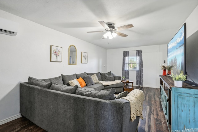 living room with dark hardwood / wood-style floors, ceiling fan, and a wall unit AC