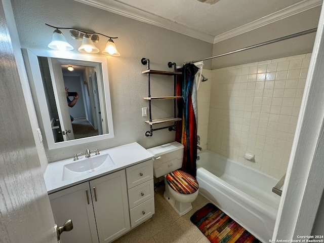 full bathroom featuring shower / bath combination with curtain, a textured ceiling, crown molding, vanity, and toilet