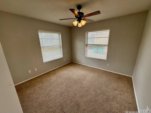 carpeted spare room with ceiling fan and a wealth of natural light