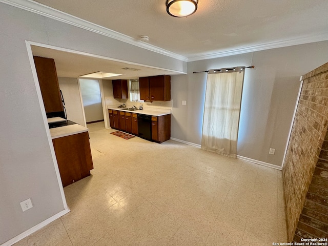 kitchen featuring crown molding, dark brown cabinetry, and dishwasher