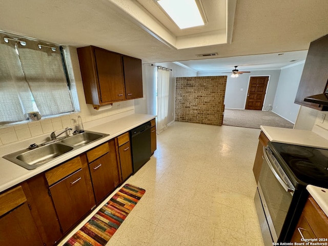 kitchen featuring electric range, dishwasher, ceiling fan, and sink