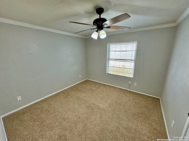 carpeted empty room with ceiling fan, a textured ceiling, and crown molding