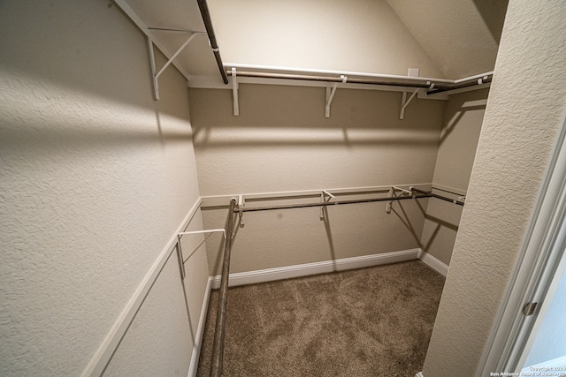 walk in closet with dark carpet and vaulted ceiling