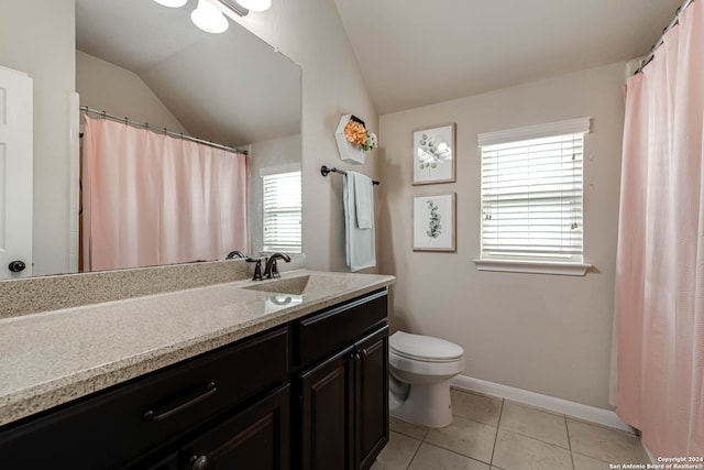 bathroom with vaulted ceiling, toilet, vanity, and plenty of natural light