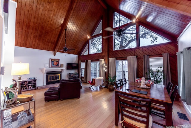 dining area with light hardwood / wood-style floors, beam ceiling, ceiling fan, and high vaulted ceiling