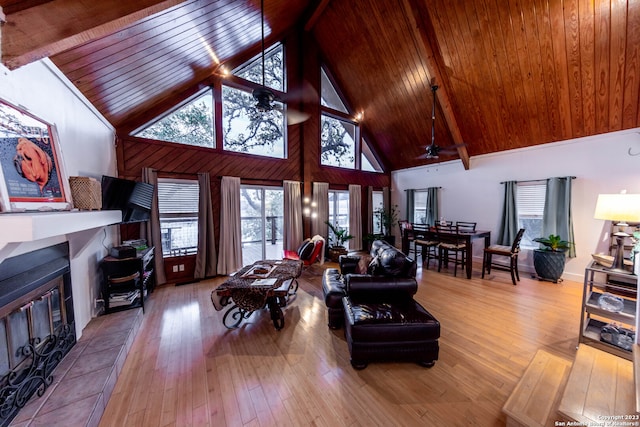 living room with wood ceiling, hardwood / wood-style flooring, high vaulted ceiling, and ceiling fan