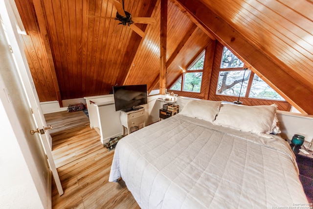 bedroom with light wood-type flooring, wood ceiling, and lofted ceiling