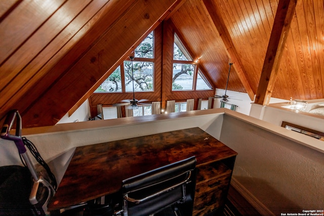 interior space with wooden ceiling, lofted ceiling with beams, ceiling fan, and hardwood / wood-style flooring