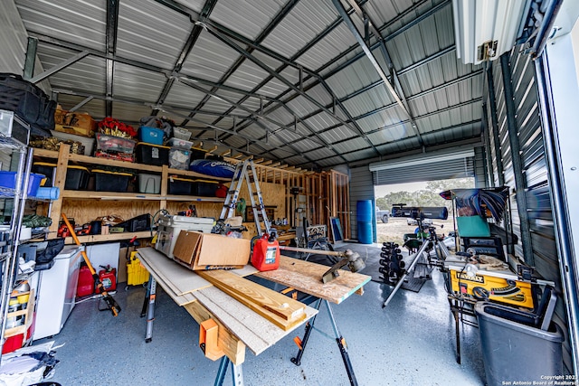 garage with a workshop area