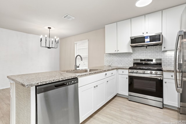 kitchen featuring sink, appliances with stainless steel finishes, kitchen peninsula, and white cabinetry