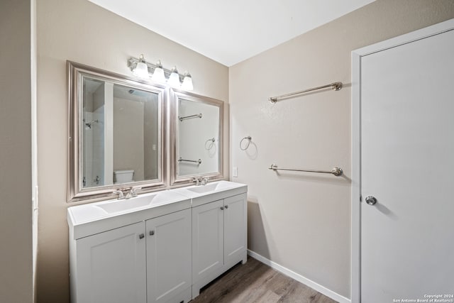 bathroom with wood-type flooring, vanity, and toilet