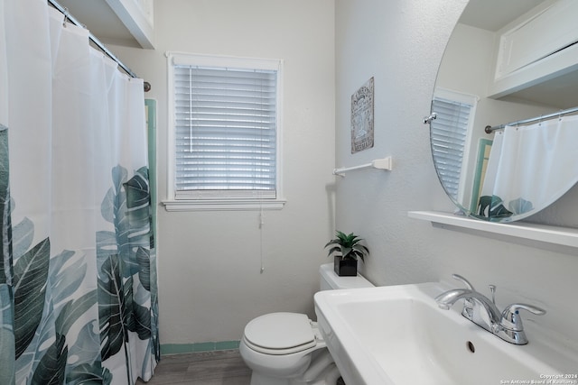 bathroom with toilet, sink, and a shower with curtain