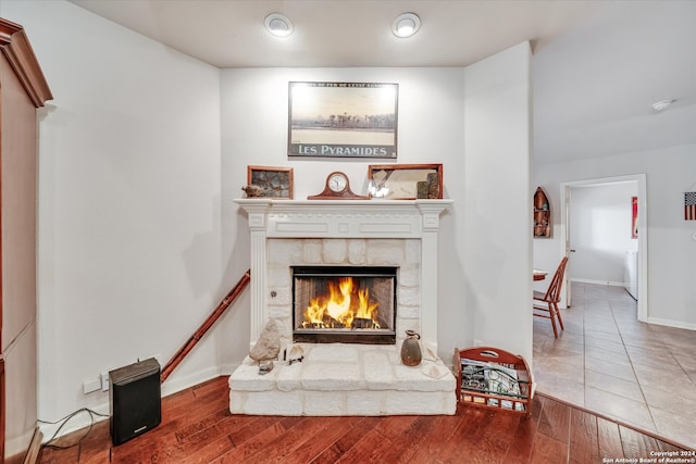 details featuring a fireplace and hardwood / wood-style floors