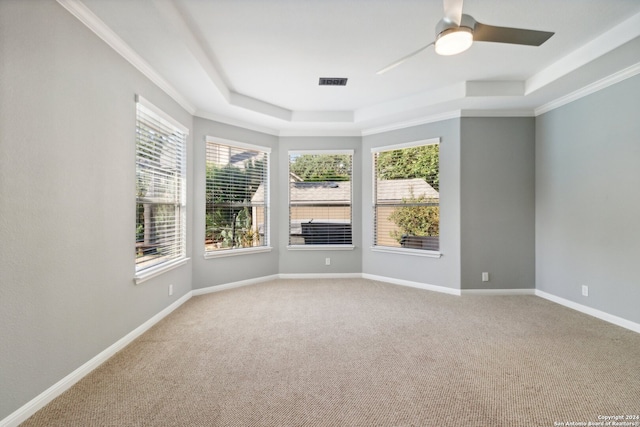 carpeted spare room with ceiling fan, a raised ceiling, and ornamental molding