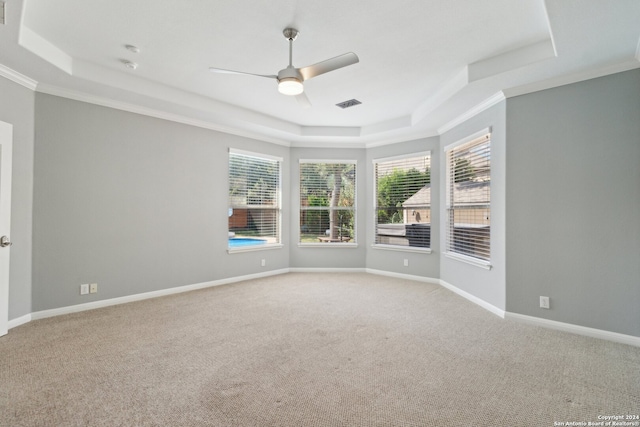 spare room featuring ceiling fan, light colored carpet, a raised ceiling, and crown molding