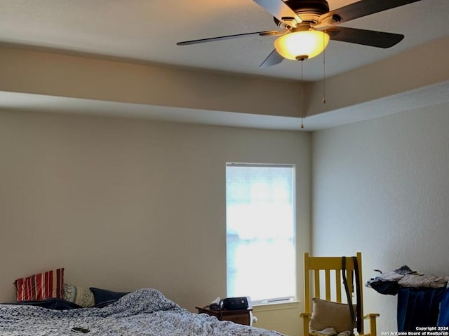 bedroom featuring ceiling fan and multiple windows