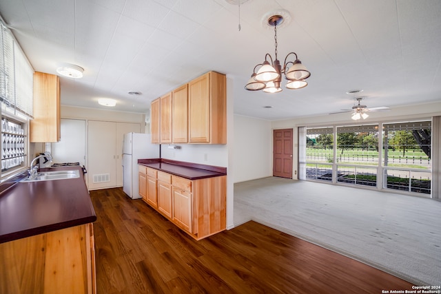 kitchen with white refrigerator, ceiling fan with notable chandelier, light brown cabinets, dark hardwood / wood-style floors, and sink