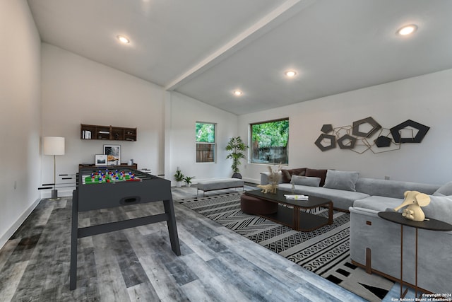 living room featuring vaulted ceiling and dark hardwood / wood-style floors