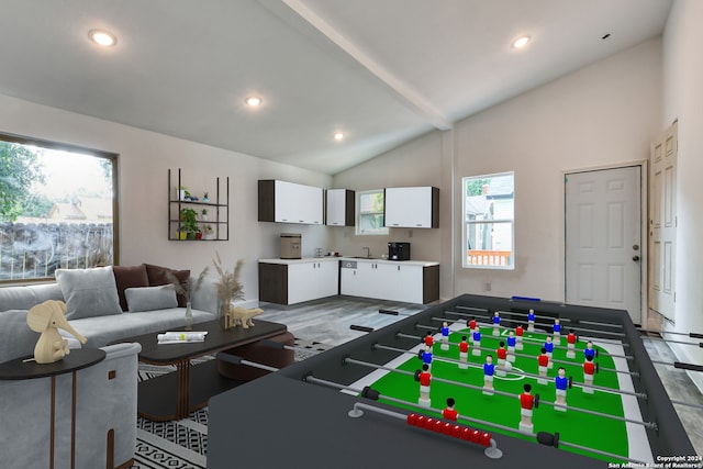 playroom with wood-type flooring and vaulted ceiling