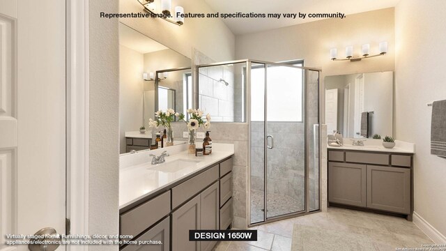 bathroom with walk in shower and vanity