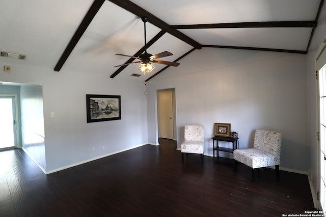 unfurnished room with ceiling fan, lofted ceiling with beams, and dark hardwood / wood-style flooring